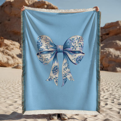 Blue Chinoiserie Bow Woven Blanket – Elegant Cottagecore Throw