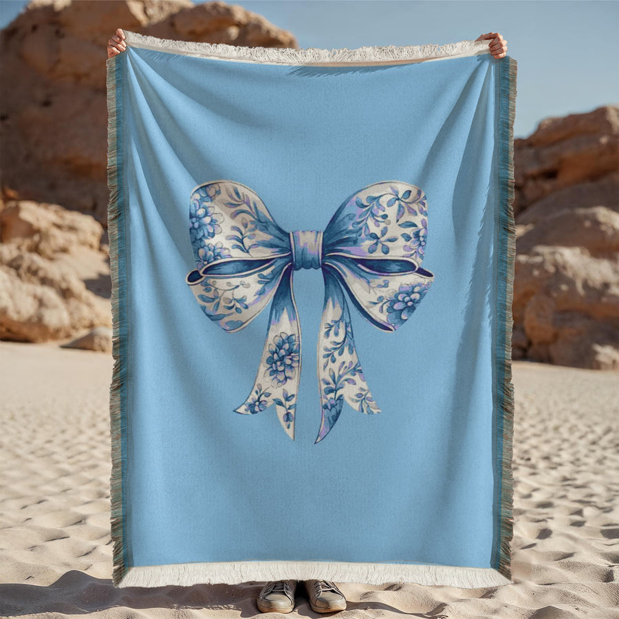 Blue Chinoiserie Bow Woven Blanket – Elegant Cottagecore Throw