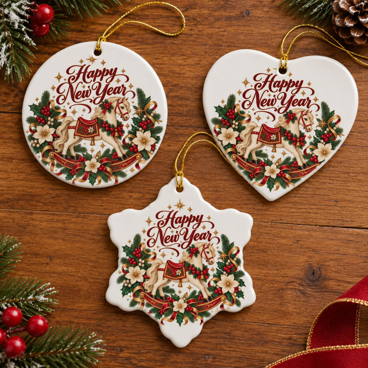 Vintage Merry Christmas Rocking Horse Ceramic Ornament