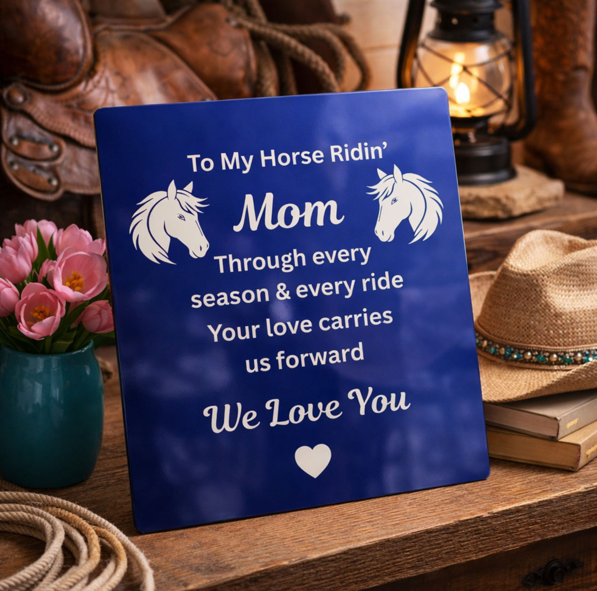 Horse Ridin’ Mom Blue Metal Print