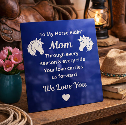 Horse Ridin’ Mom Blue Metal Print