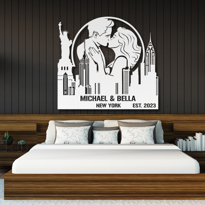 Personalized New York Cityscape Metal Art - Custom Couple Name Gift