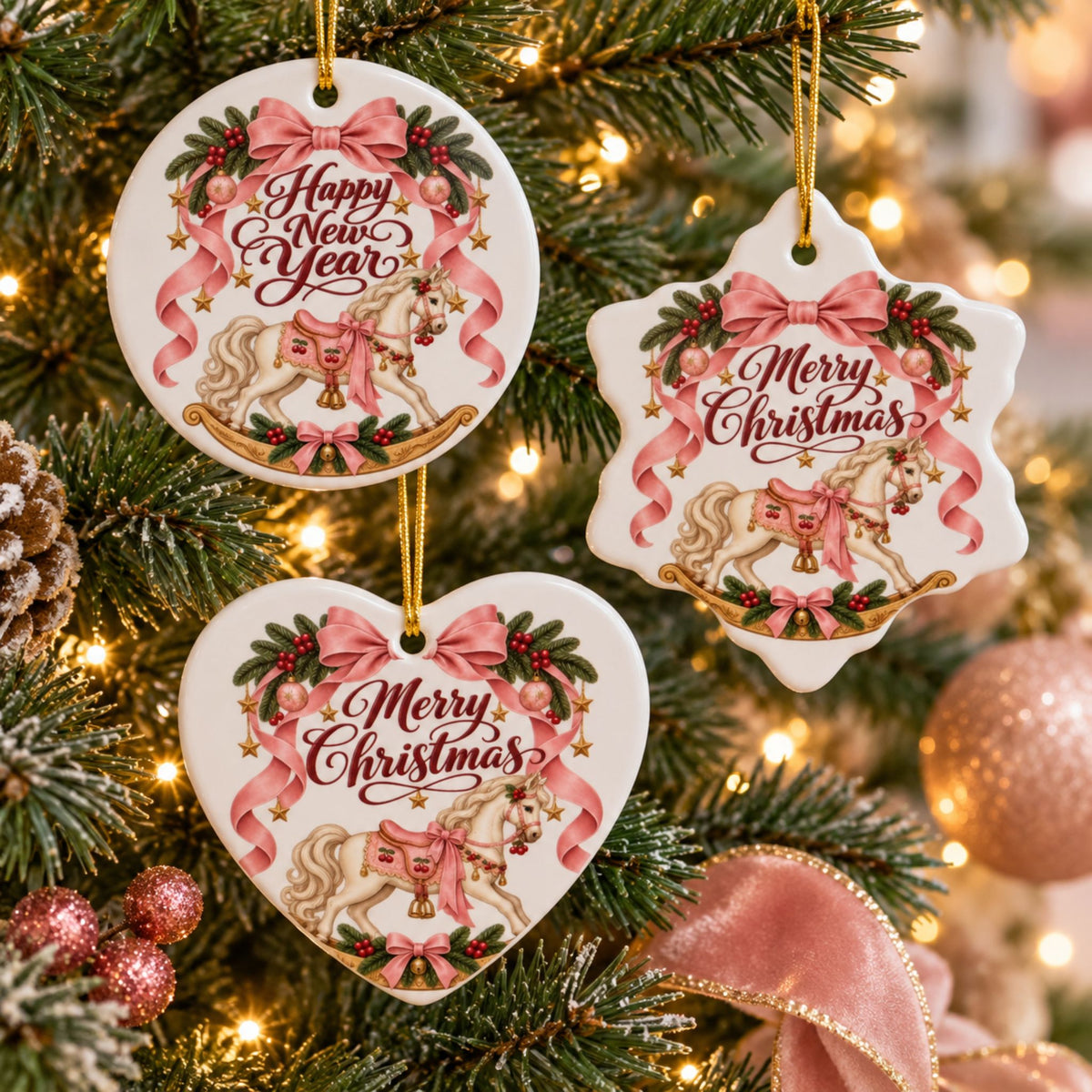 Pink Bow Rocking Horse Christmas Ornament