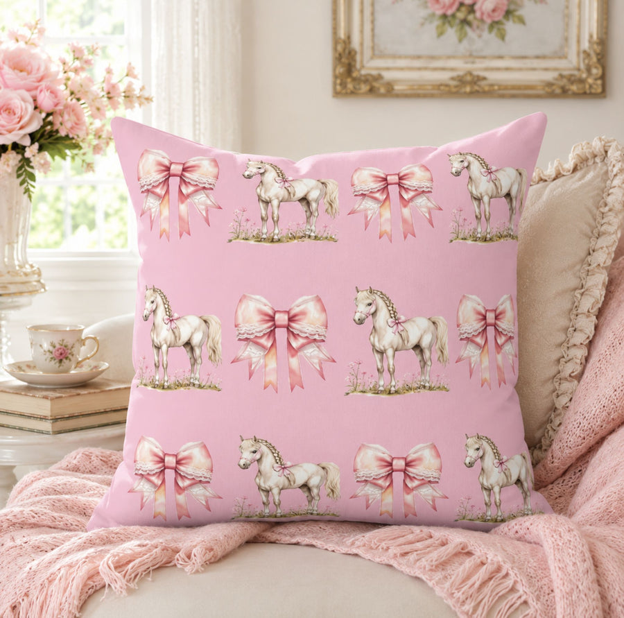 Pink Pony and Bow Throw Pillow