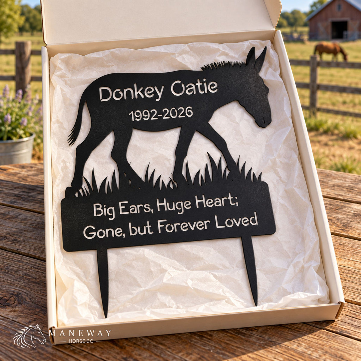 Donkey Gatie Memorial Metal Yard Sign – view 3