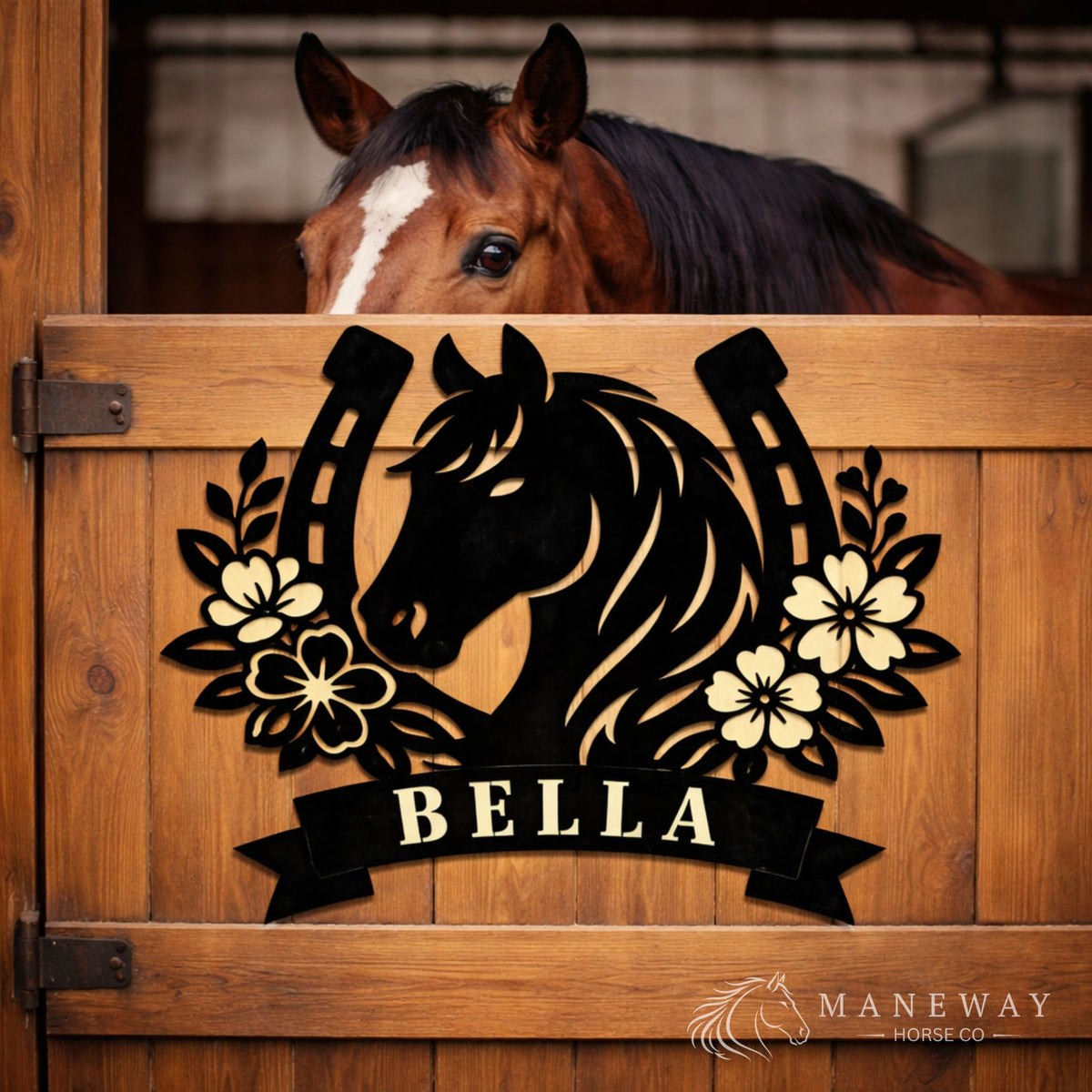 Floral Horseshoe Personalized Stall Sign – view 2