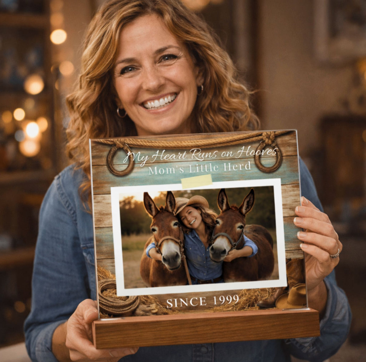 Personalized Mule Mom Photo Square Acrylic Plaque – My Heart Runs on Hooves With Name & Date – view 2