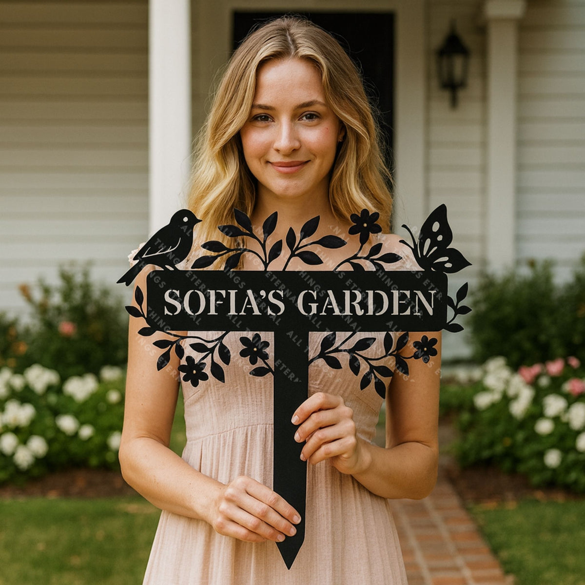 Custom Metal Garden Sign – Bird & Flower Personalized Yard Decor