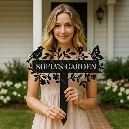 Custom Metal Garden Sign – Bird & Flower Personalized Yard Decor