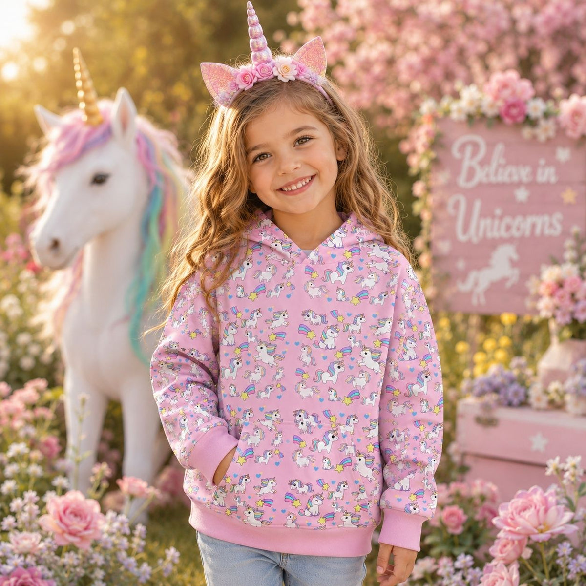 Pink Unicorn Pattern Kids’  Pullover Hoodie