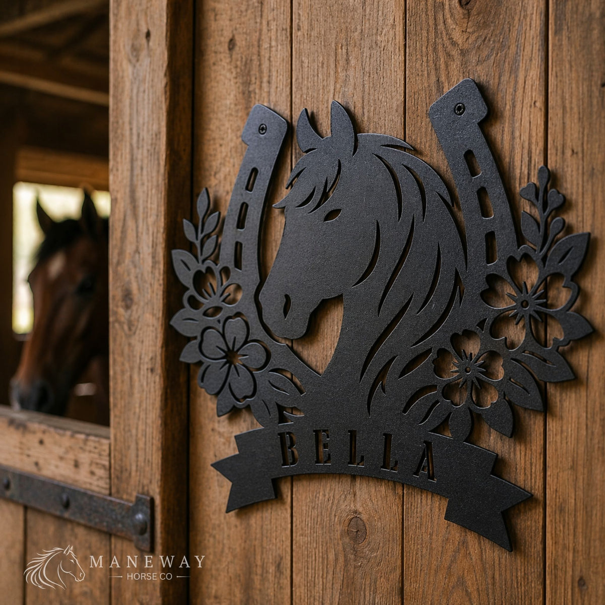 Floral Horseshoe Personalized Metal Stall Sign – view 4
