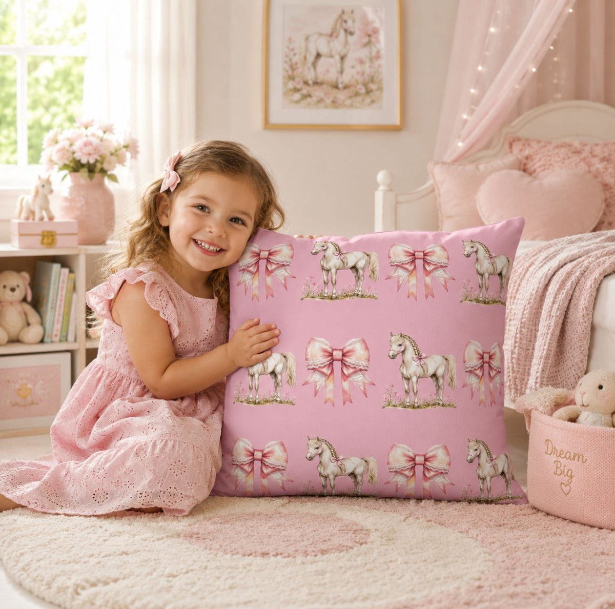 Pink Pony and Bow Throw Pillow