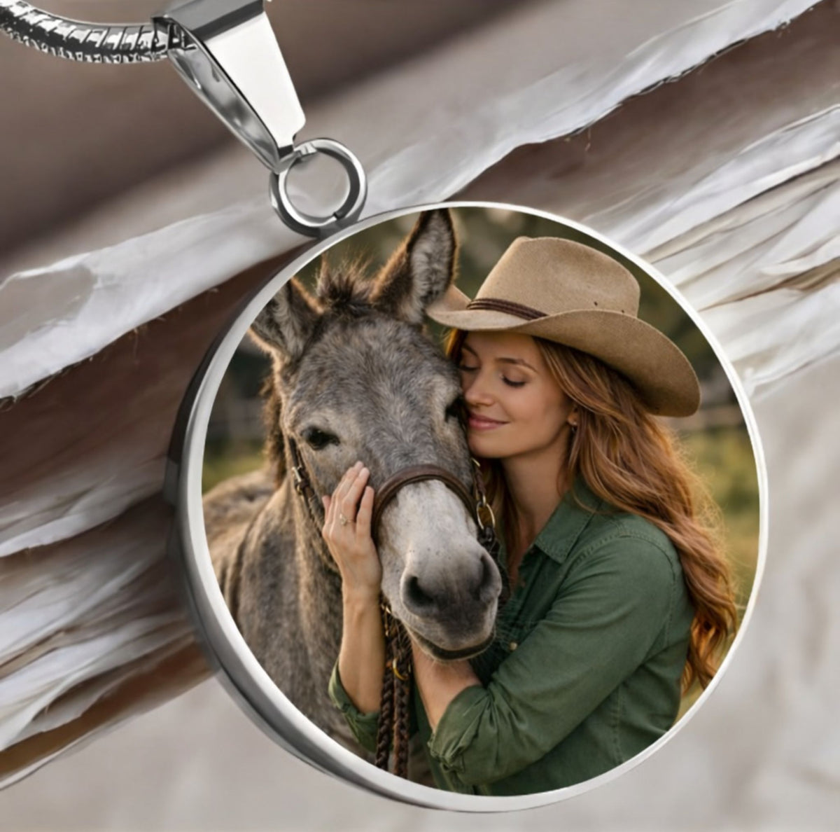 Stubborn Ways Donkey Photo Round Necklace