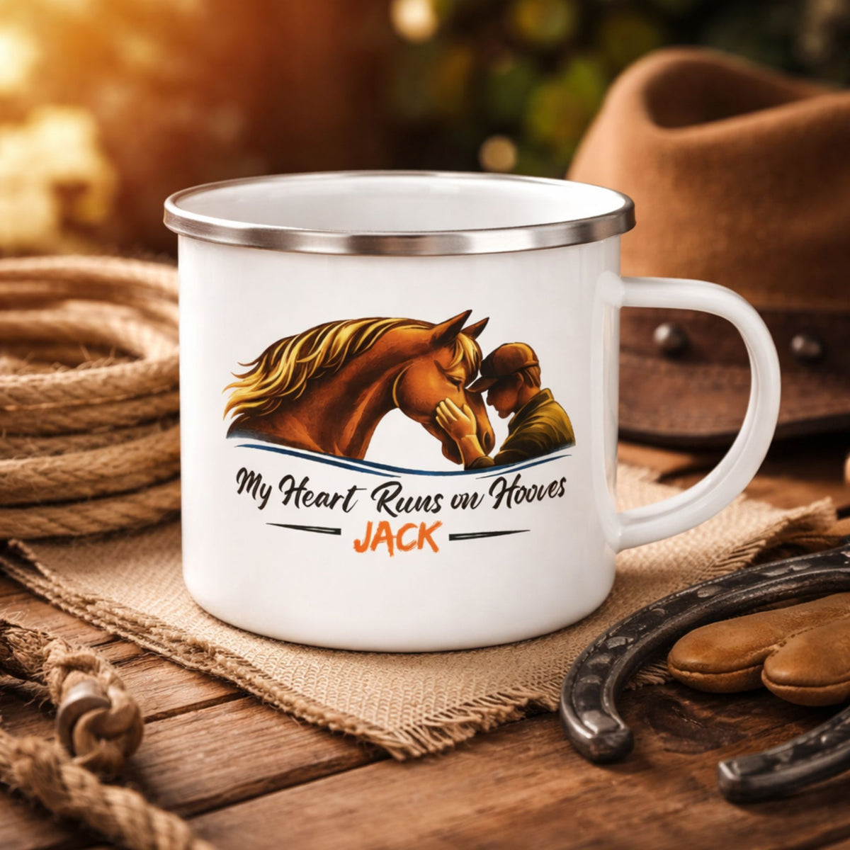 Heart Runs on Hooves Male Enamel Mug