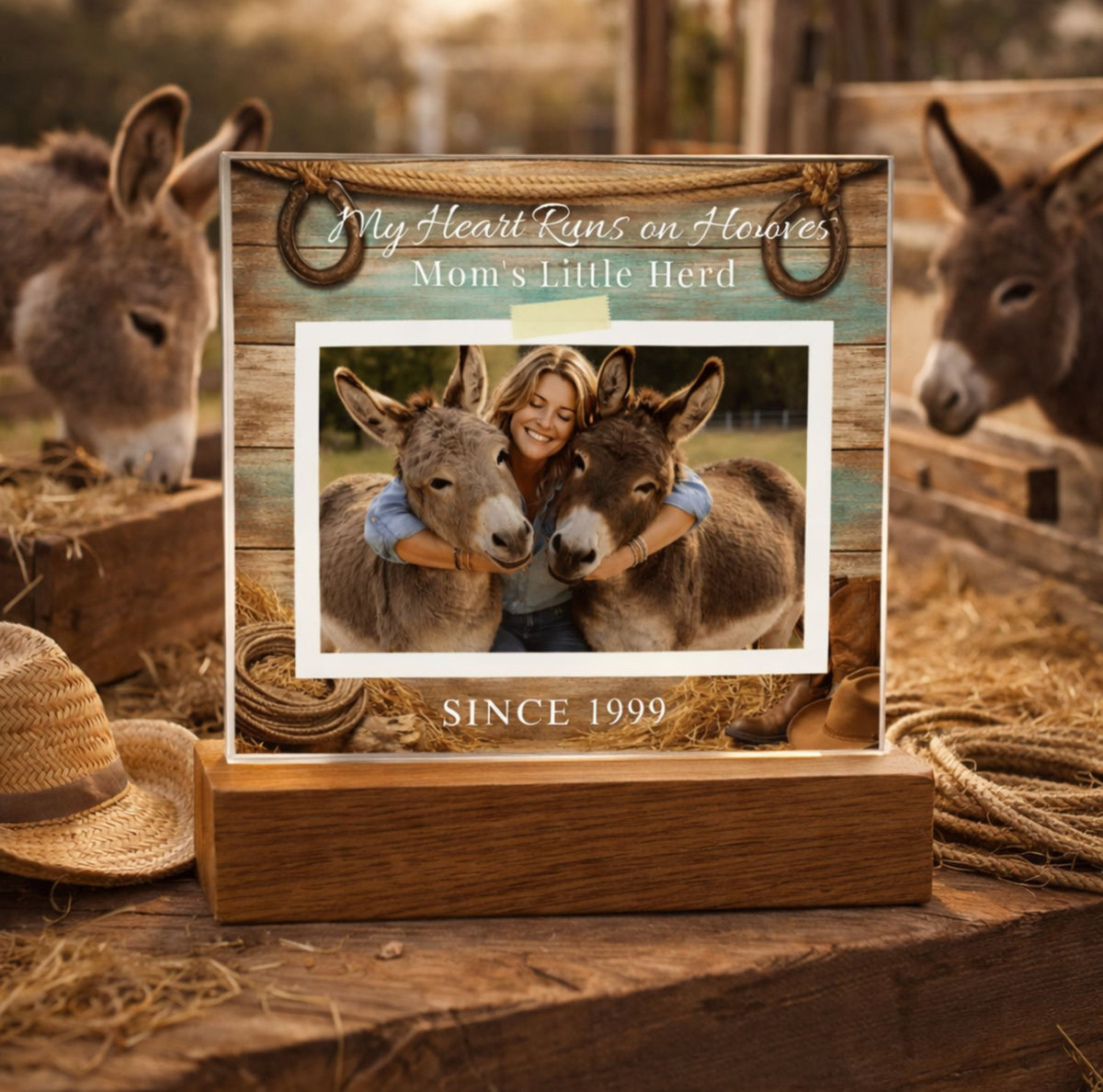 Personalized Donkey Mom Photo Square Acrylic Plaque – My Heart Runs on Hooves With Name & Date – view 3