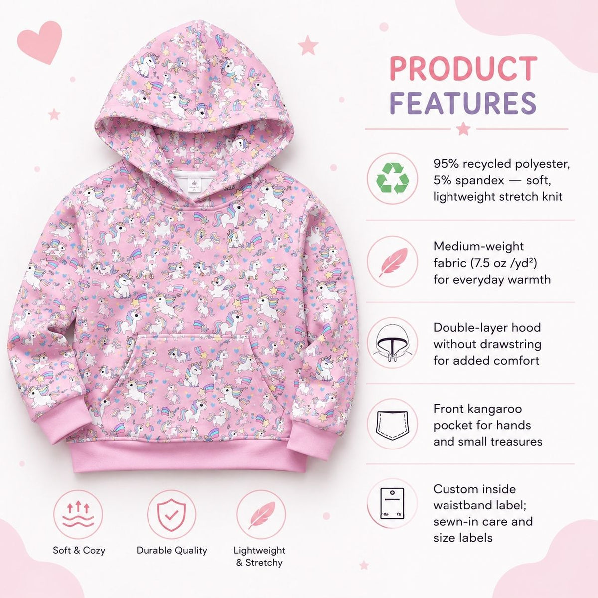 Pink Unicorn Pattern Kids’  Pullover Hoodie