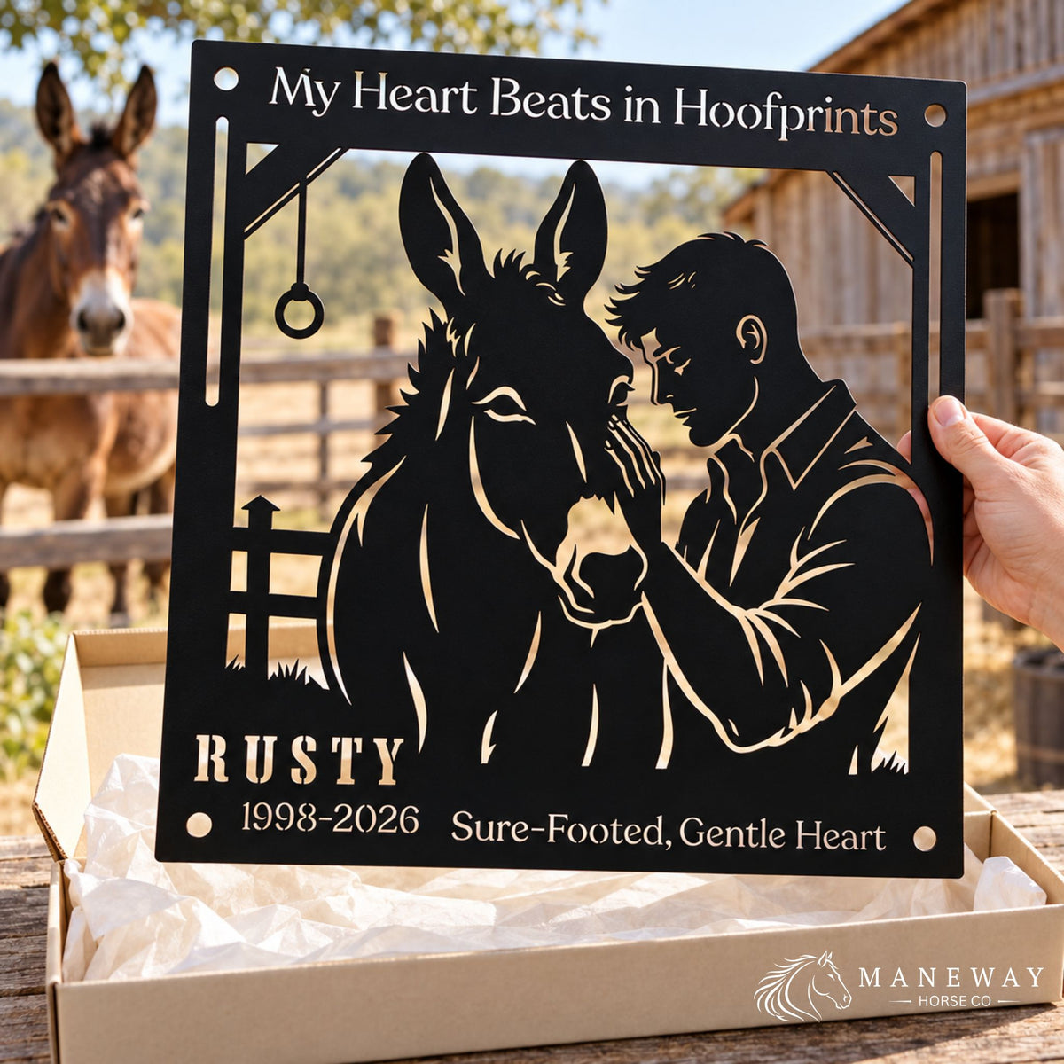Hoofprints Mule Memorial Metal Stall Sign – view 2