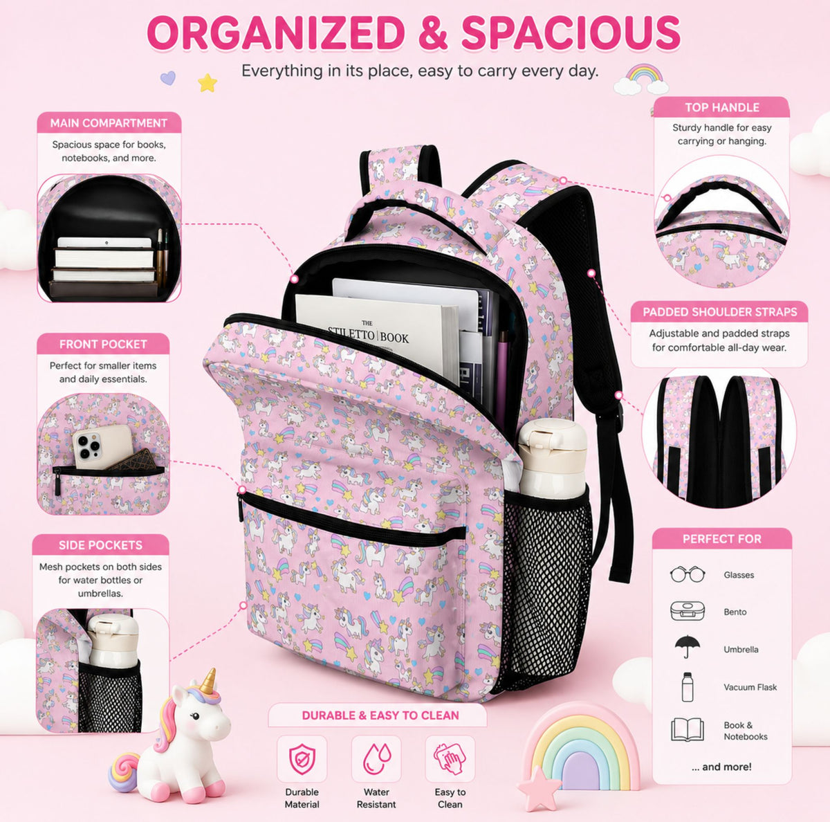 Pastel Unicorn Kids’ Backpack — Black Trim