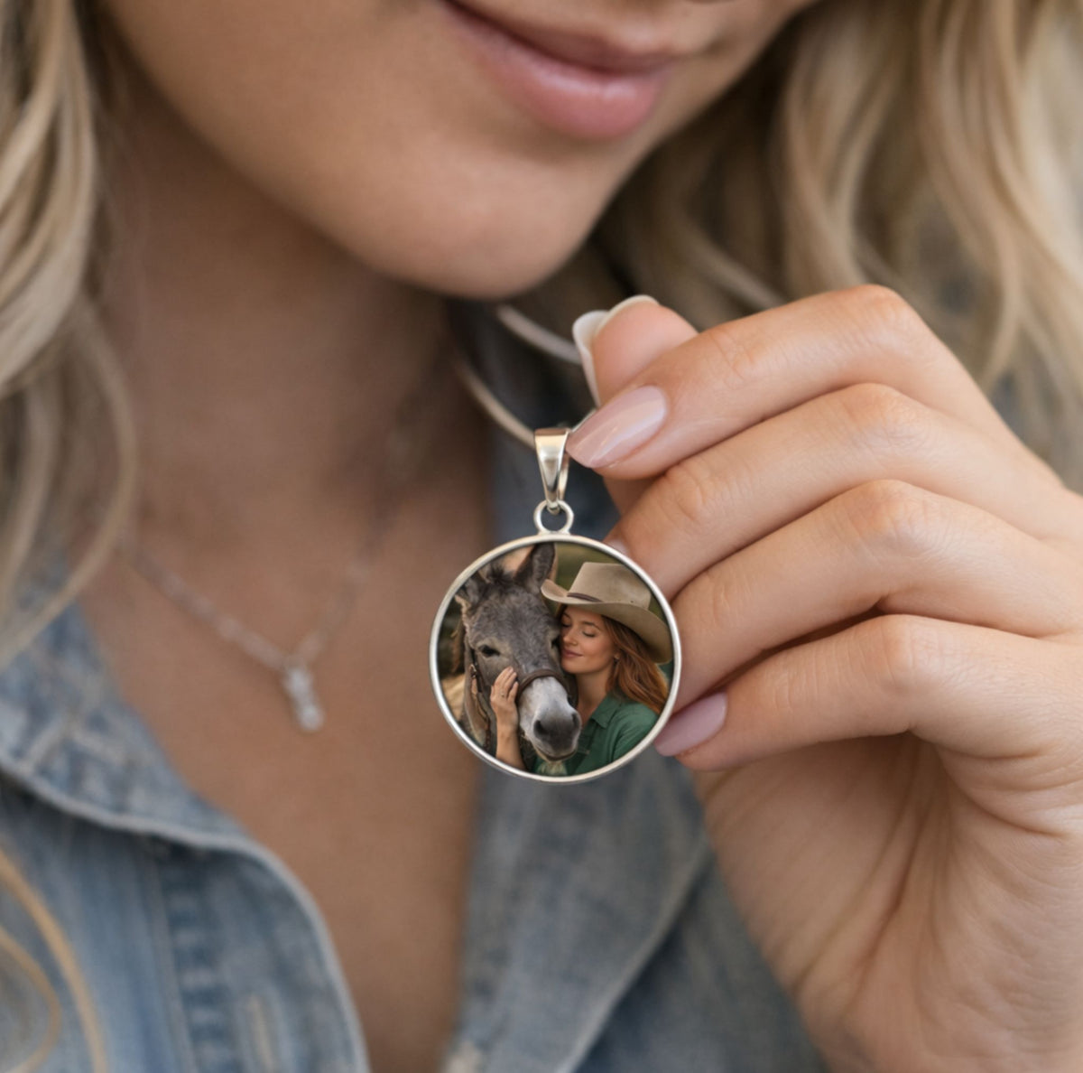 Rainbow Pasture Donkey Photo Round Necklace