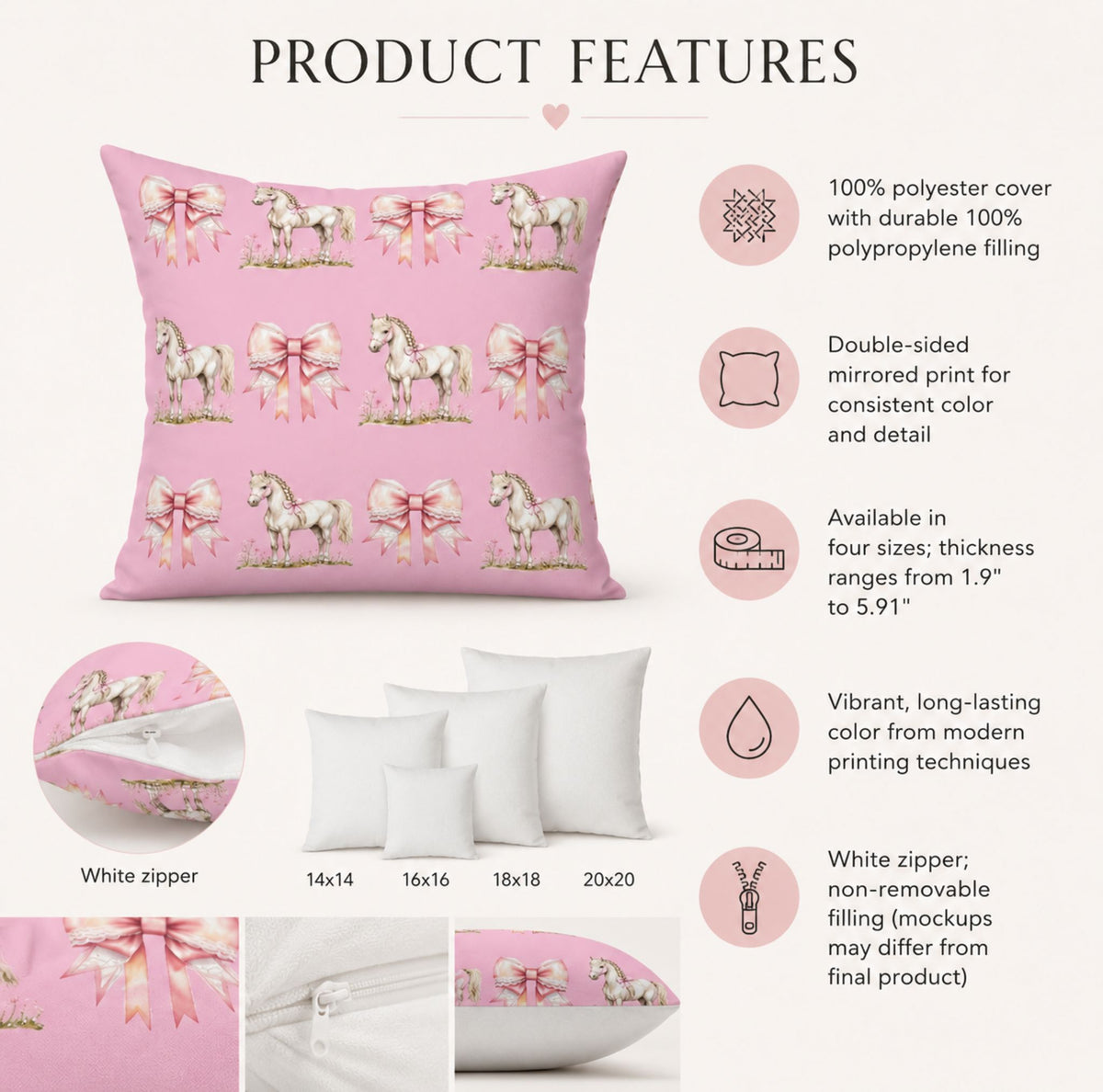 Pink Pony and Bow Throw Pillow