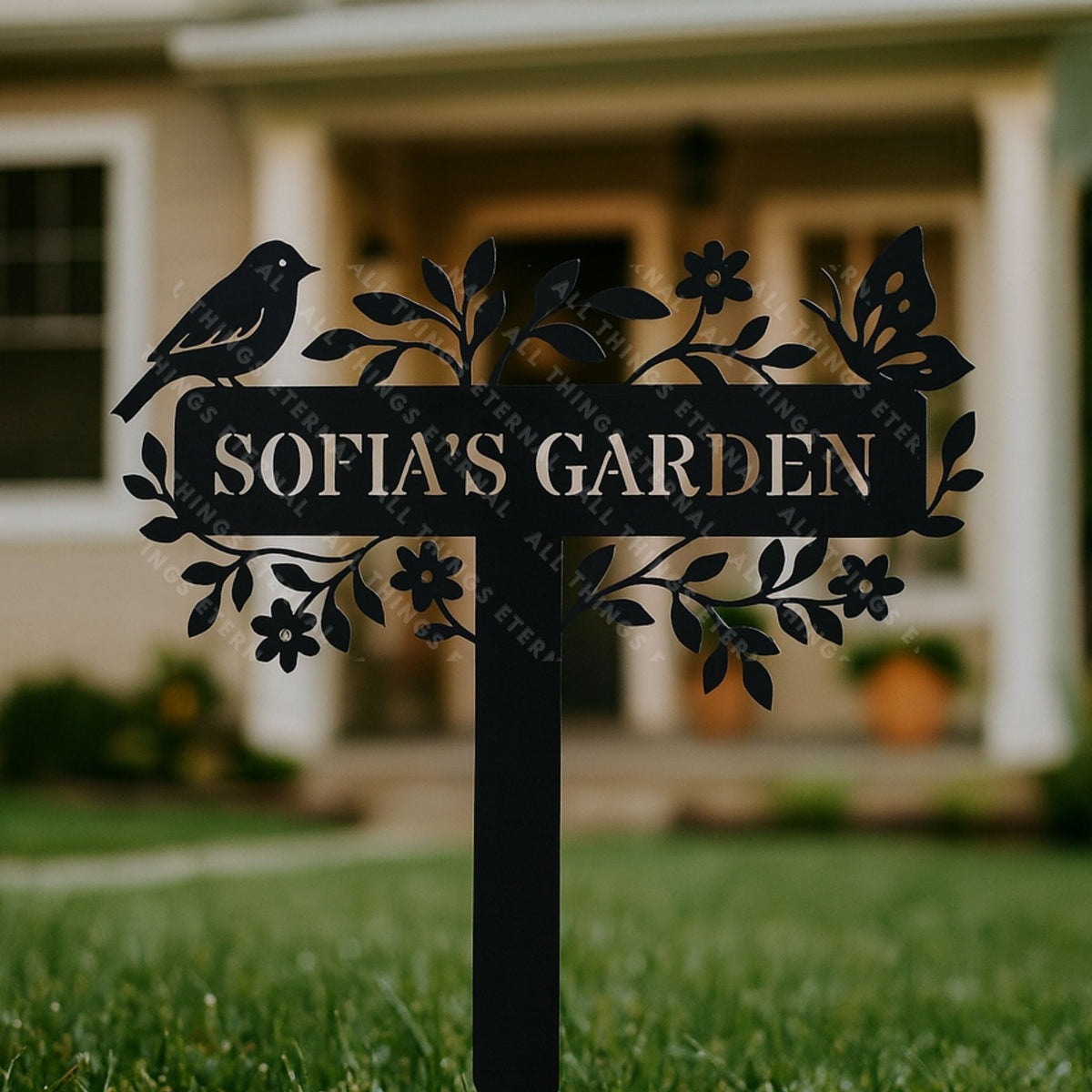 Custom Metal Garden Sign – Bird & Flower Personalized Yard Decor