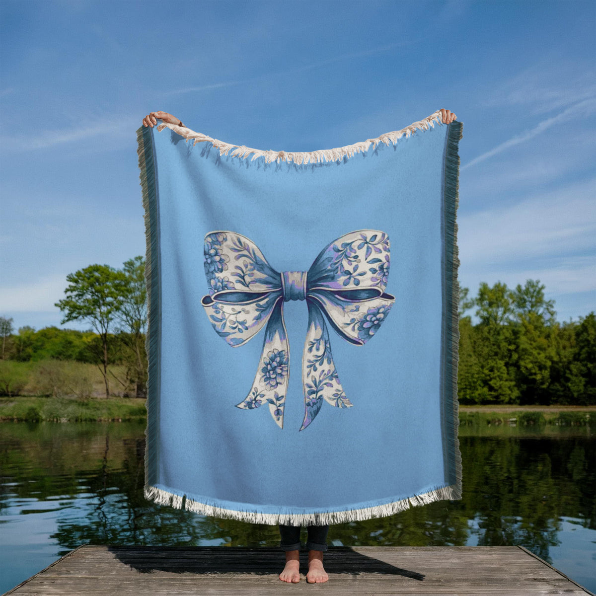 Blue Chinoiserie Bow Woven Blanket – Elegant Cottagecore Throw