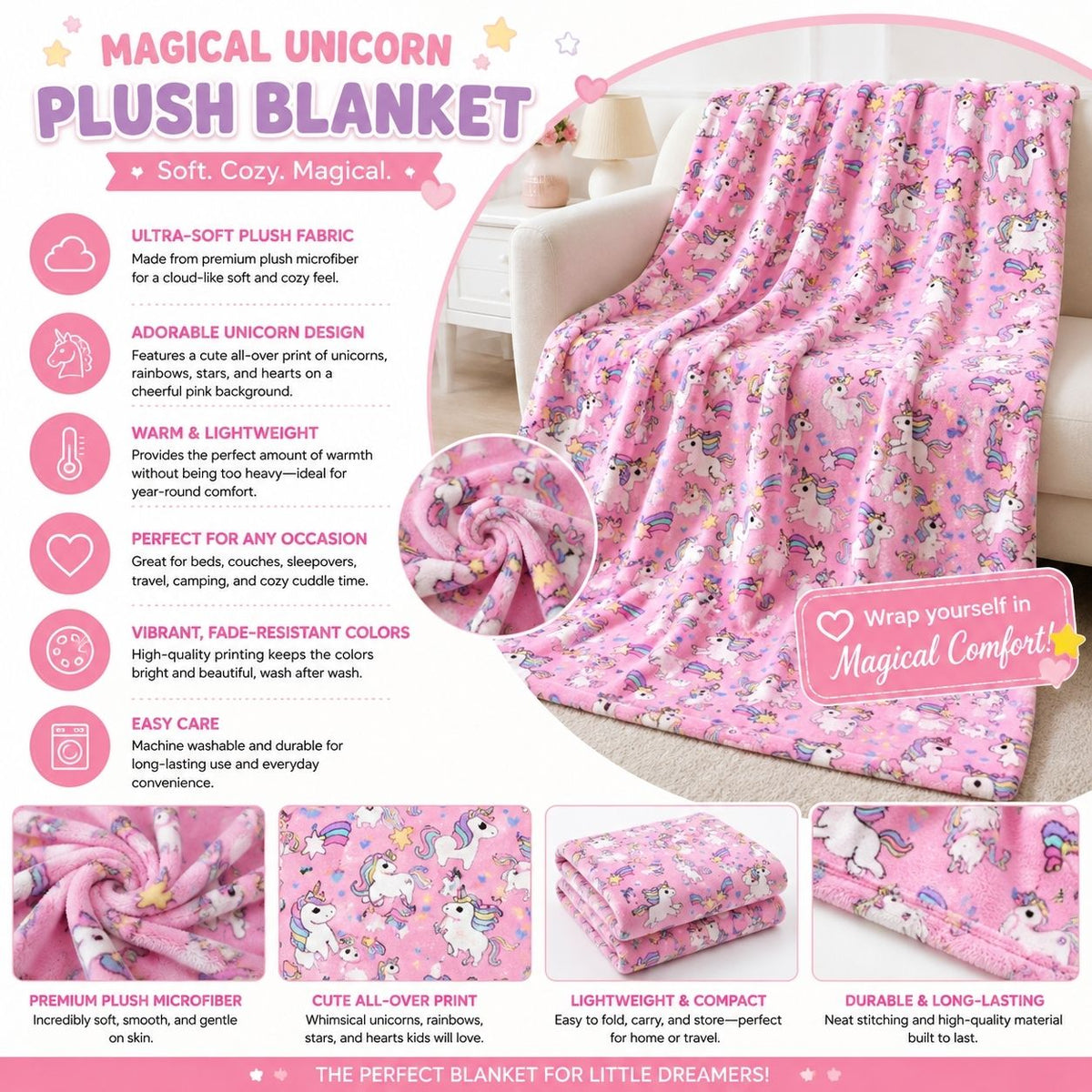 Pink Unicorn Velveteen Plush  Blanket