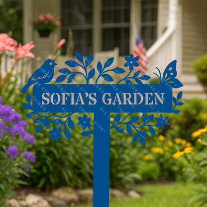 Custom Metal Garden Sign – Bird & Flower Personalized Yard Decor