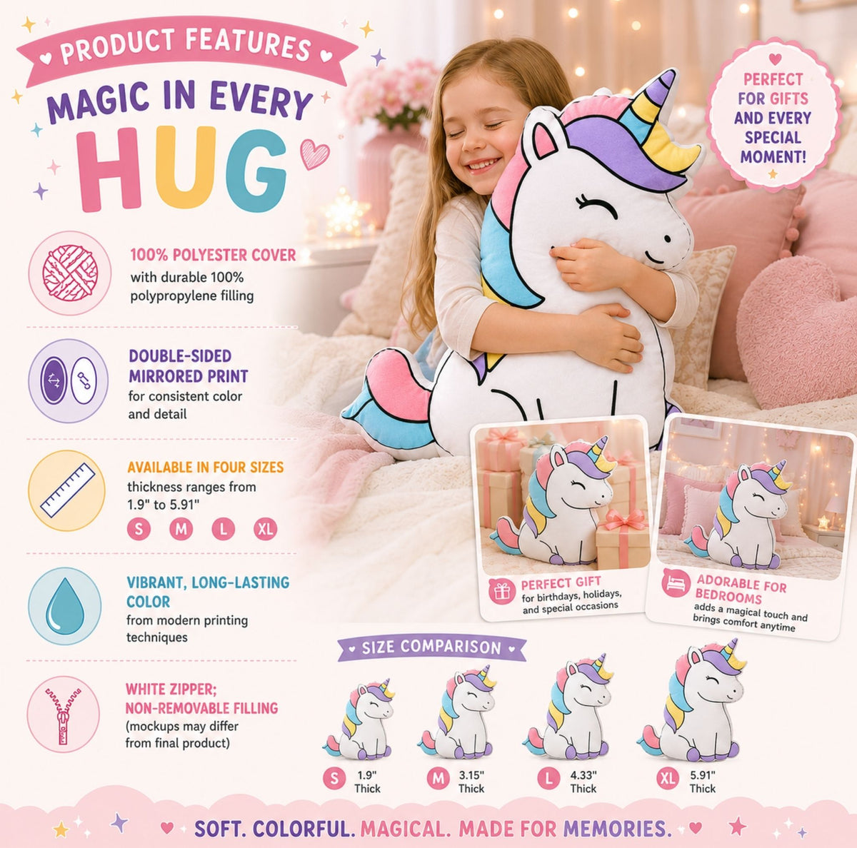 Rainbow Magical Unicorn Shaped Pillow