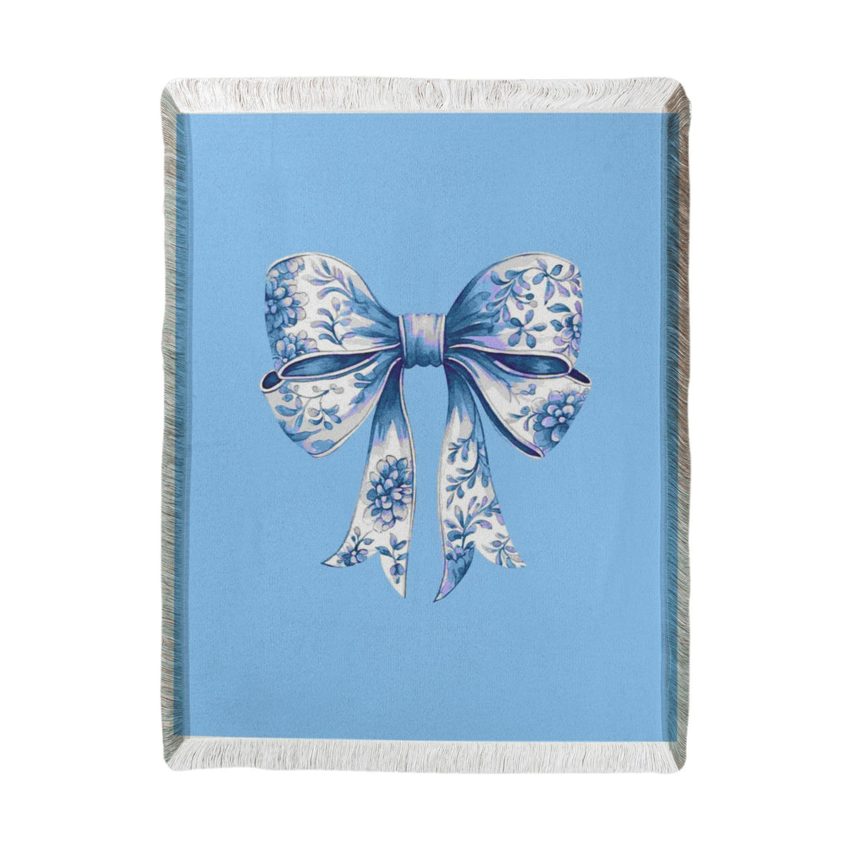 Blue Chinoiserie Bow Woven Blanket – Elegant Cottagecore Throw