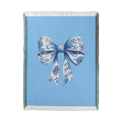 Blue Chinoiserie Bow Woven Blanket – Elegant Cottagecore Throw
