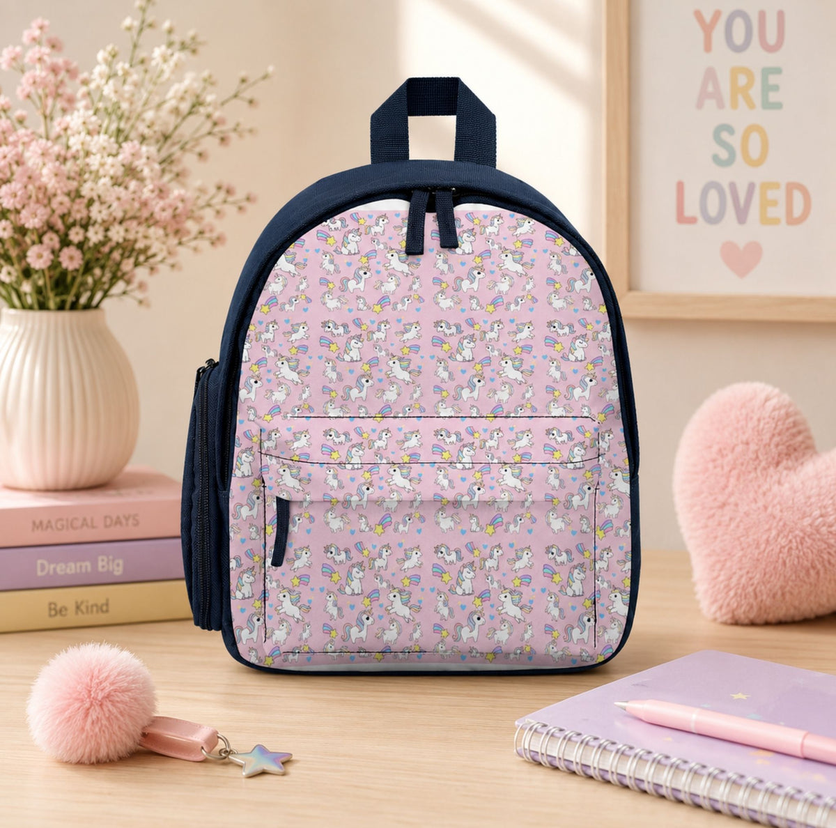 Pastel Unicorn Kids’ Backpack — Pink Trim