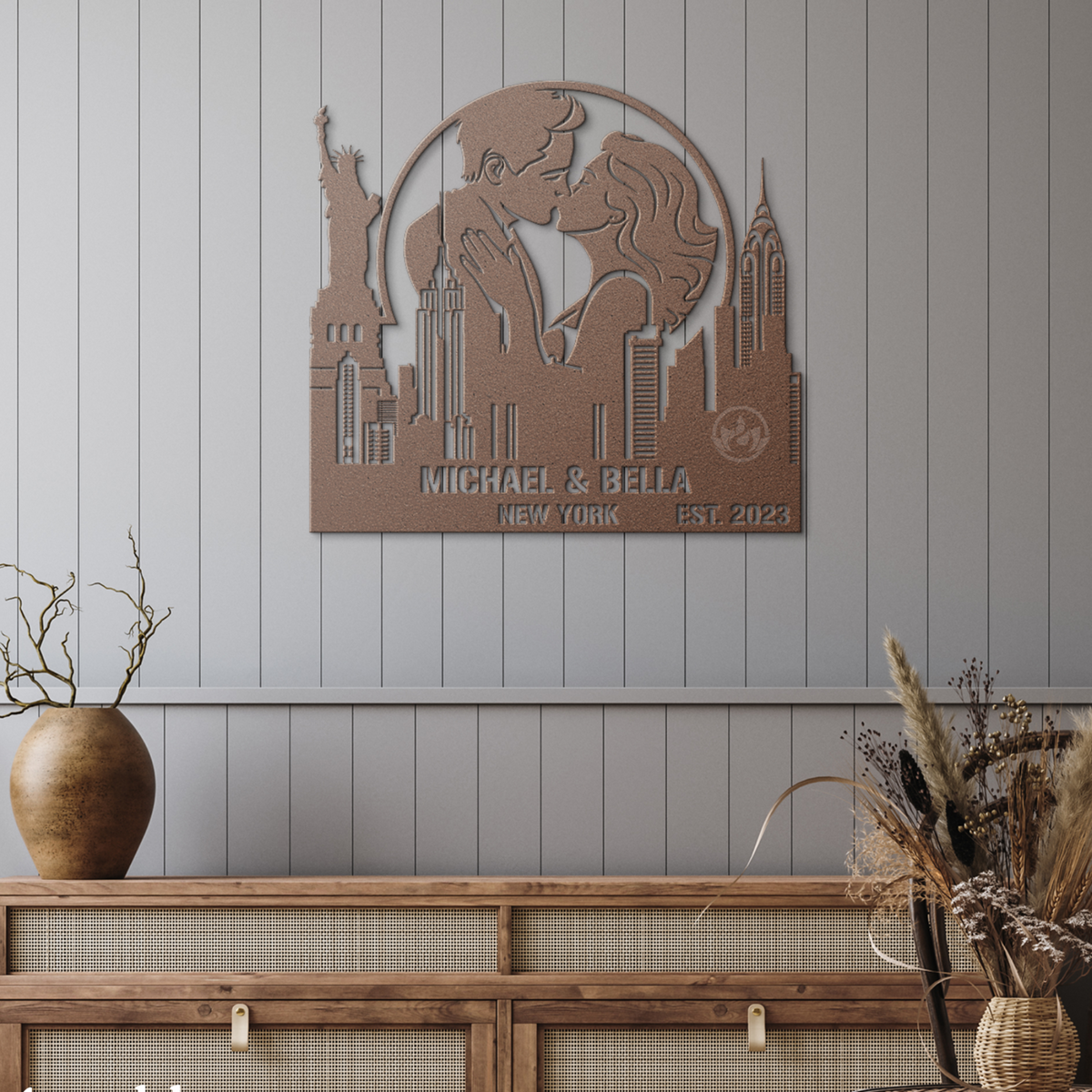 Personalized New York Cityscape Metal Art - Custom Couple Name Gift