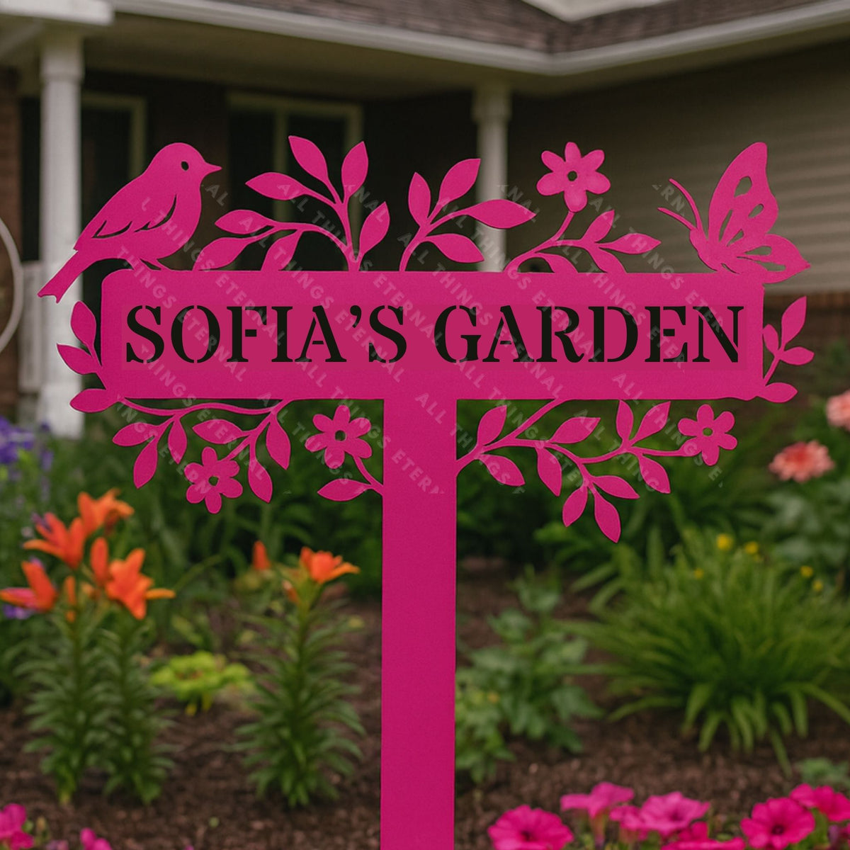 Custom Metal Garden Sign – Bird & Flower Personalized Yard Decor