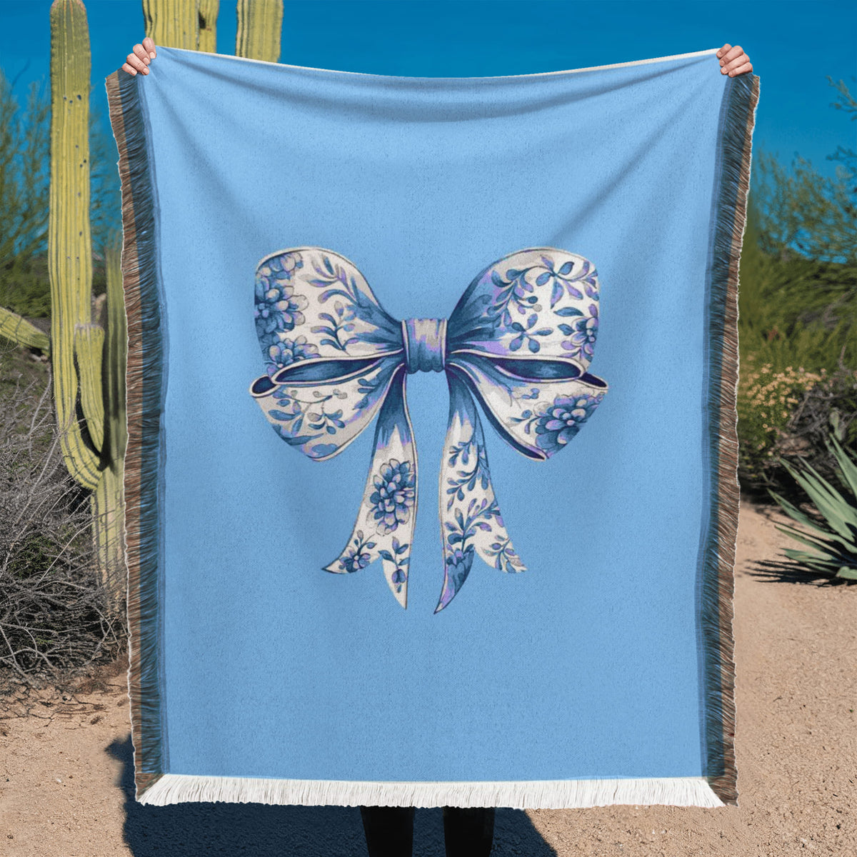 Blue Chinoiserie Bow Woven Blanket – Elegant Cottagecore Throw