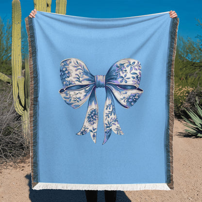 Blue Chinoiserie Bow Woven Blanket – Elegant Cottagecore Throw