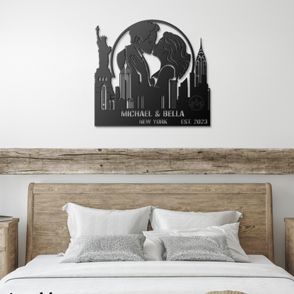 Personalized New York Cityscape Metal Art - Custom Couple Name Gift