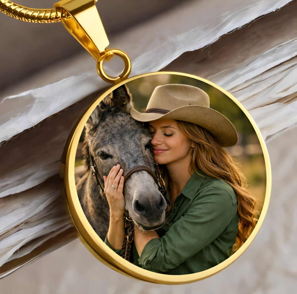 Rainbow Pasture Donkey Photo Round Necklace