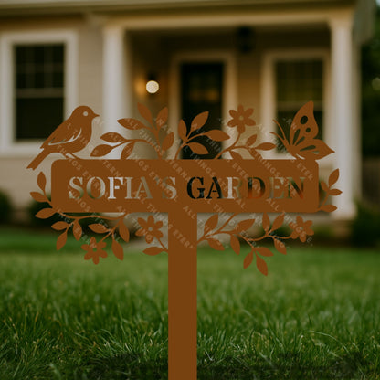 Custom Metal Garden Sign – Bird & Flower Personalized Yard Decor