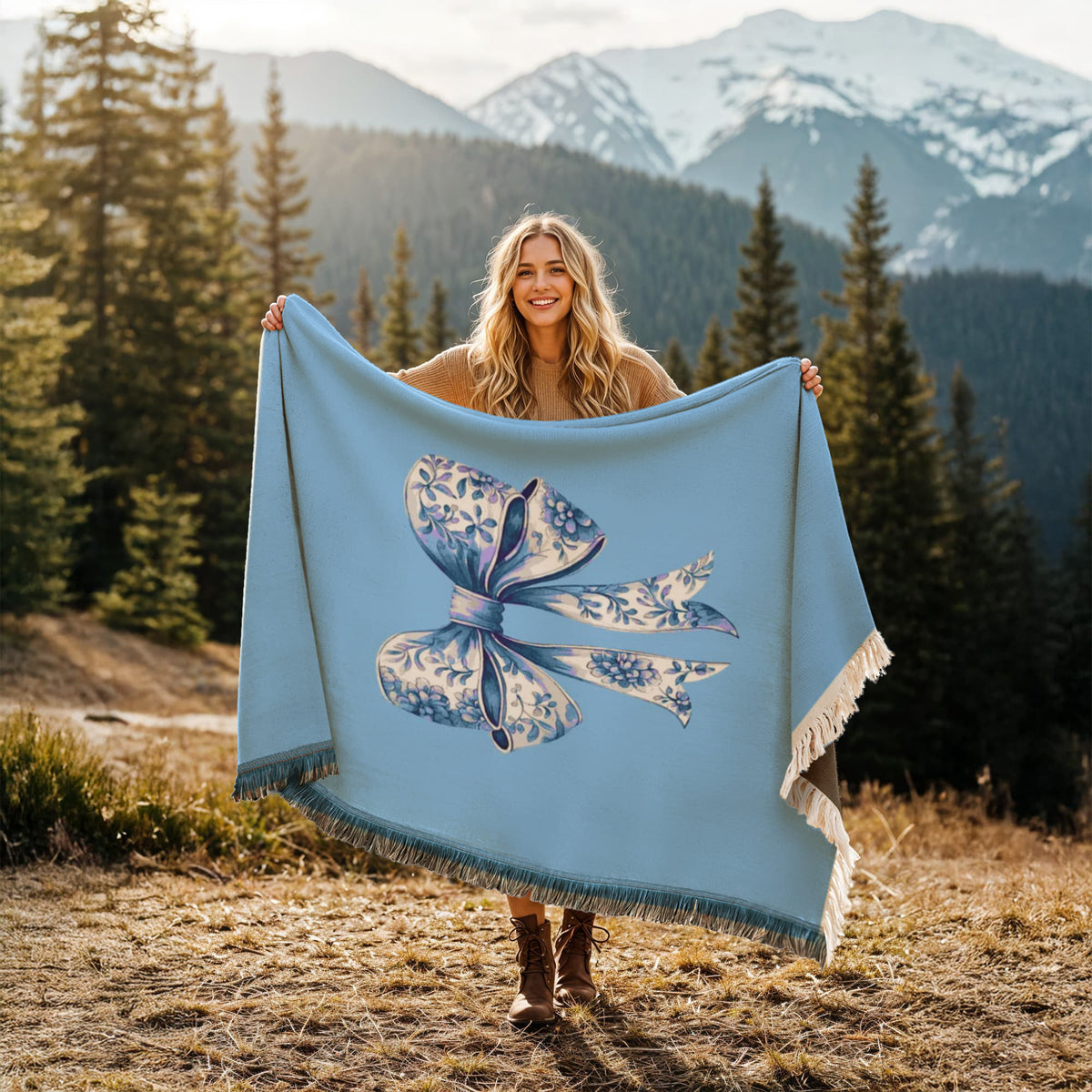 Blue Chinoiserie Bow Woven Blanket – Elegant Cottagecore Throw