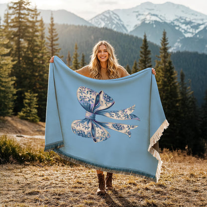 Blue Chinoiserie Bow Woven Blanket – Elegant Cottagecore Throw