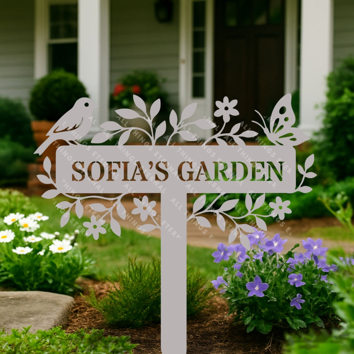 Custom Metal Garden Sign – Bird & Flower Personalized Yard Decor