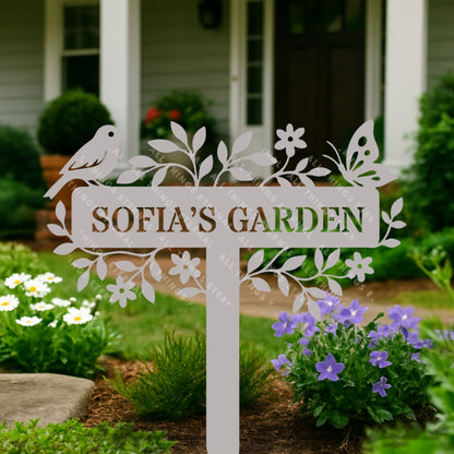 Custom Metal Garden Sign – Bird & Flower Personalized Yard Decor