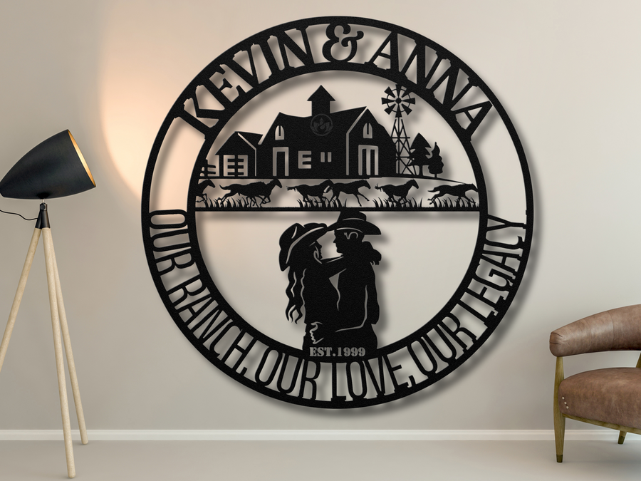 Personalized Ranch Farmhouse Metal Art - Custom Cowboy Couple Sign