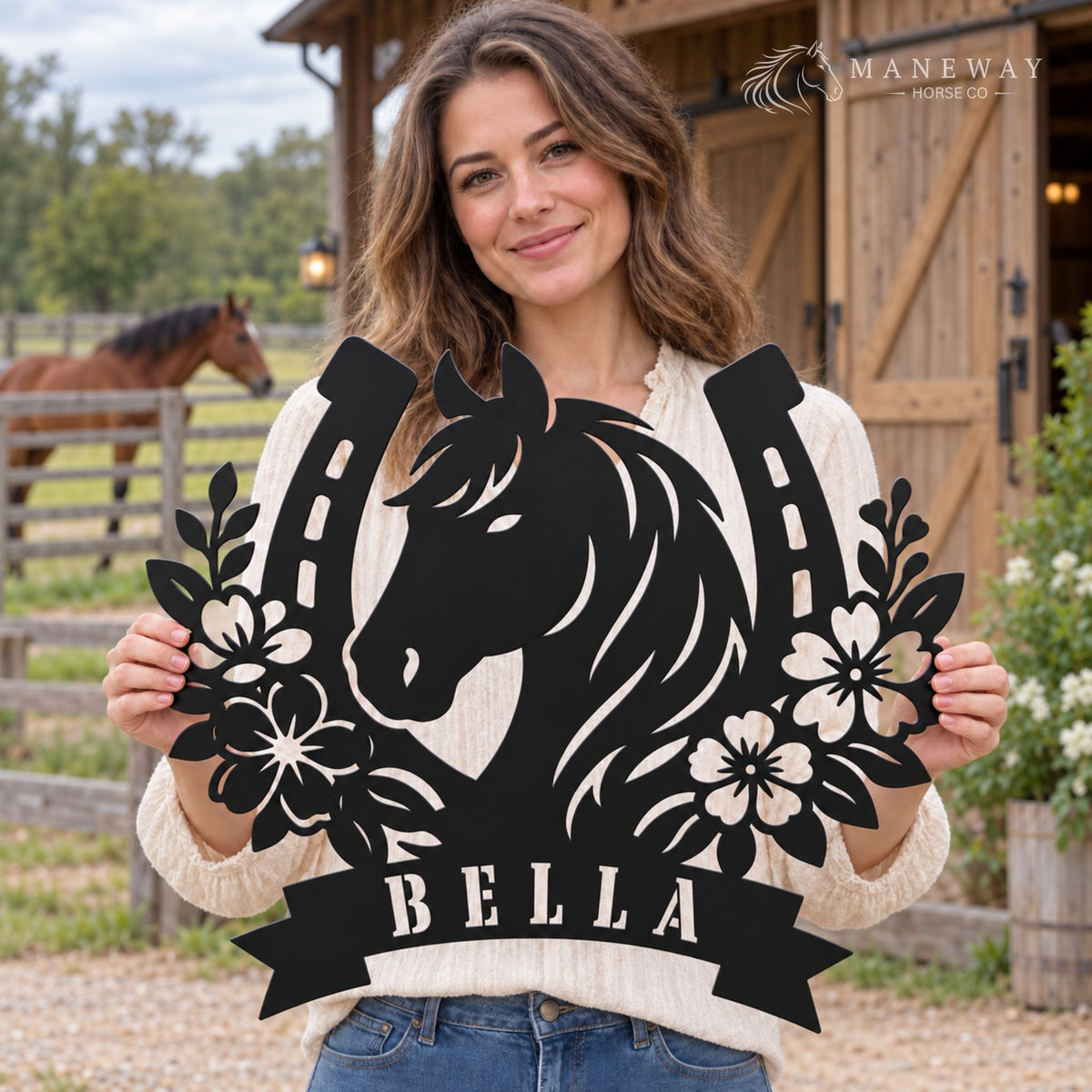 Floral Horseshoe Personalized Stall Sign – view 3