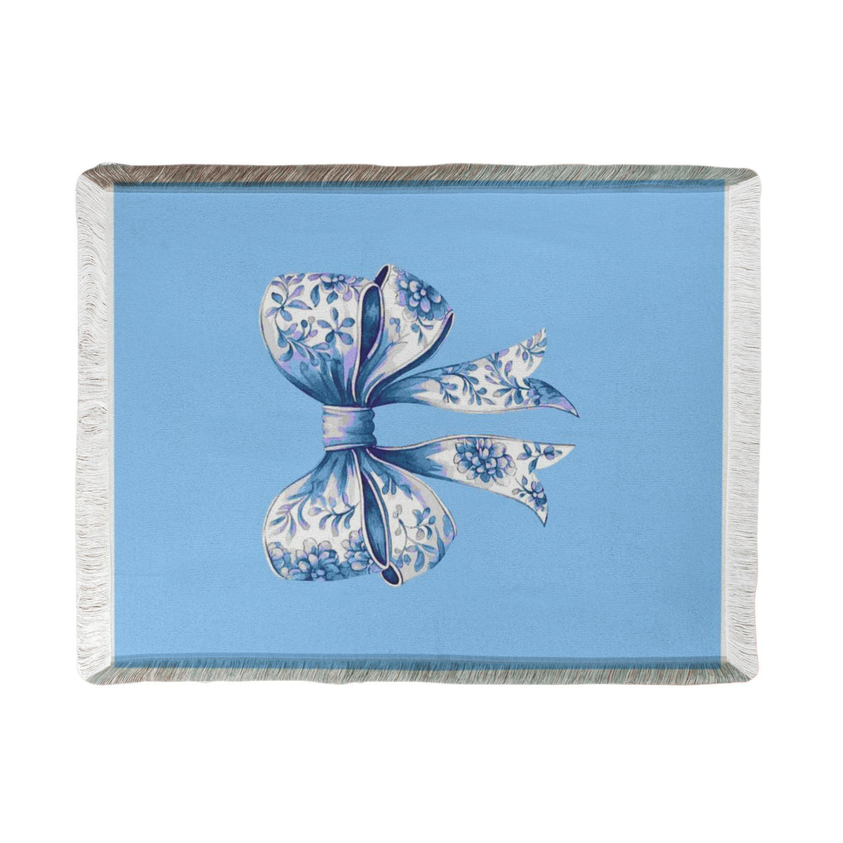 Blue Chinoiserie Bow Woven Blanket – Elegant Cottagecore Throw