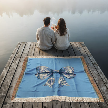 Blue Chinoiserie Bow Woven Blanket – Elegant Cottagecore Throw