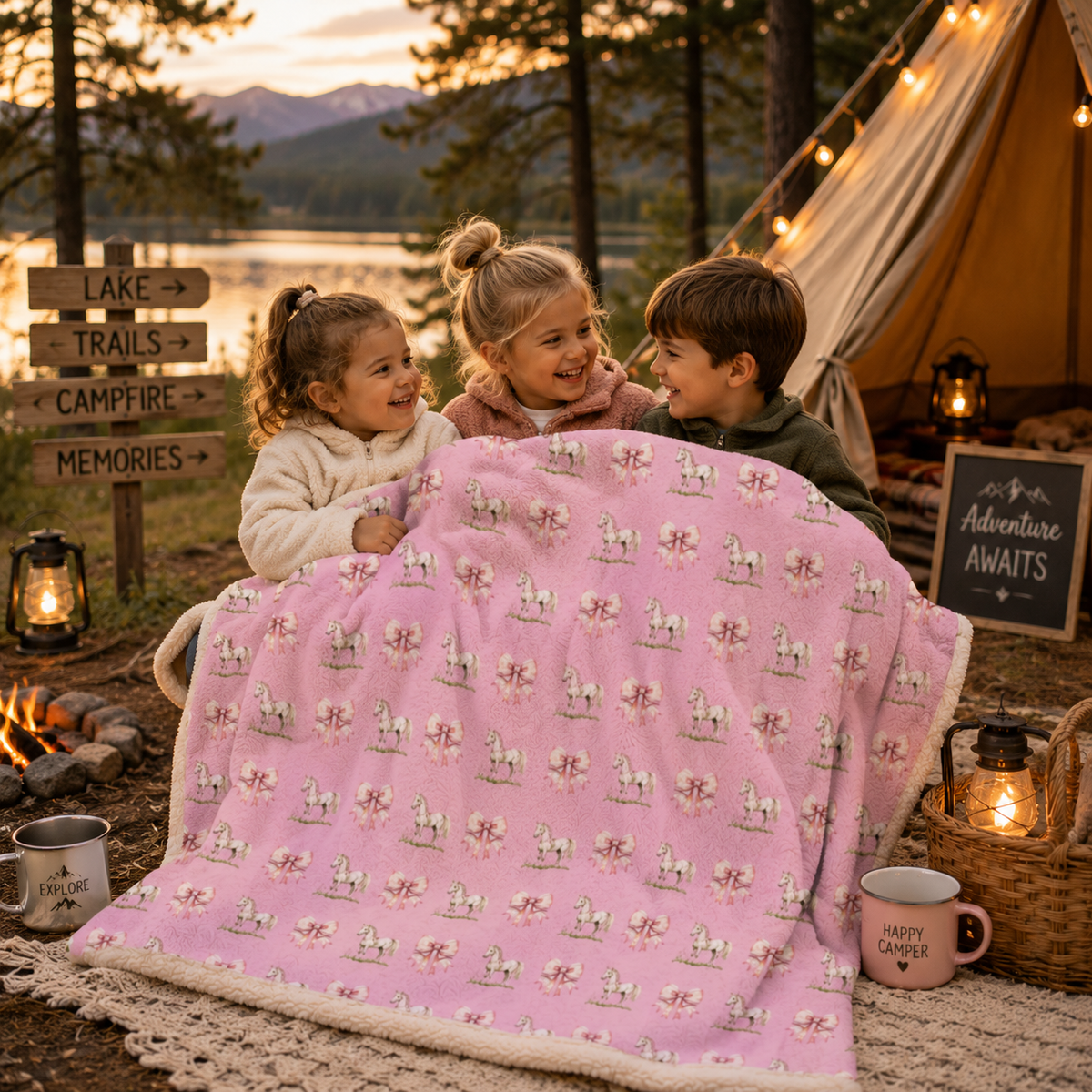 Pink Pony and Bow Plush Velveteen Blanket